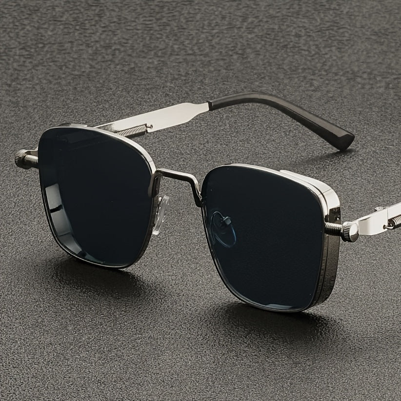 Retro Steampunk Square Sunglasses for Men & Women – Vintage Metal Frame Gradient Green Lenses UV400 Protection, Party Streetwear Festival Eyewear with Case & Cloth, Unique Gift Idea