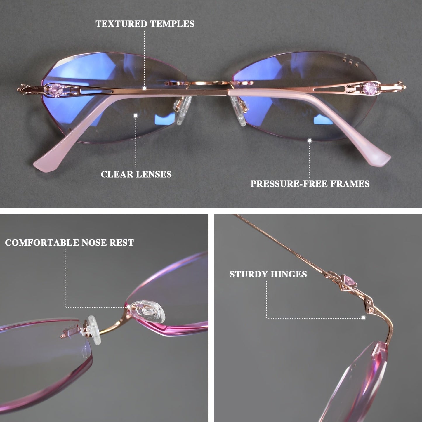 Women's Pink Rhinestone Reading Glasses with Photochromic Lenses – Elegant Mirror Legs, Gold Alloy Hinge, Strengths +100 to +400, Stylish Ladies Readers Gift for Christmas & Birthday