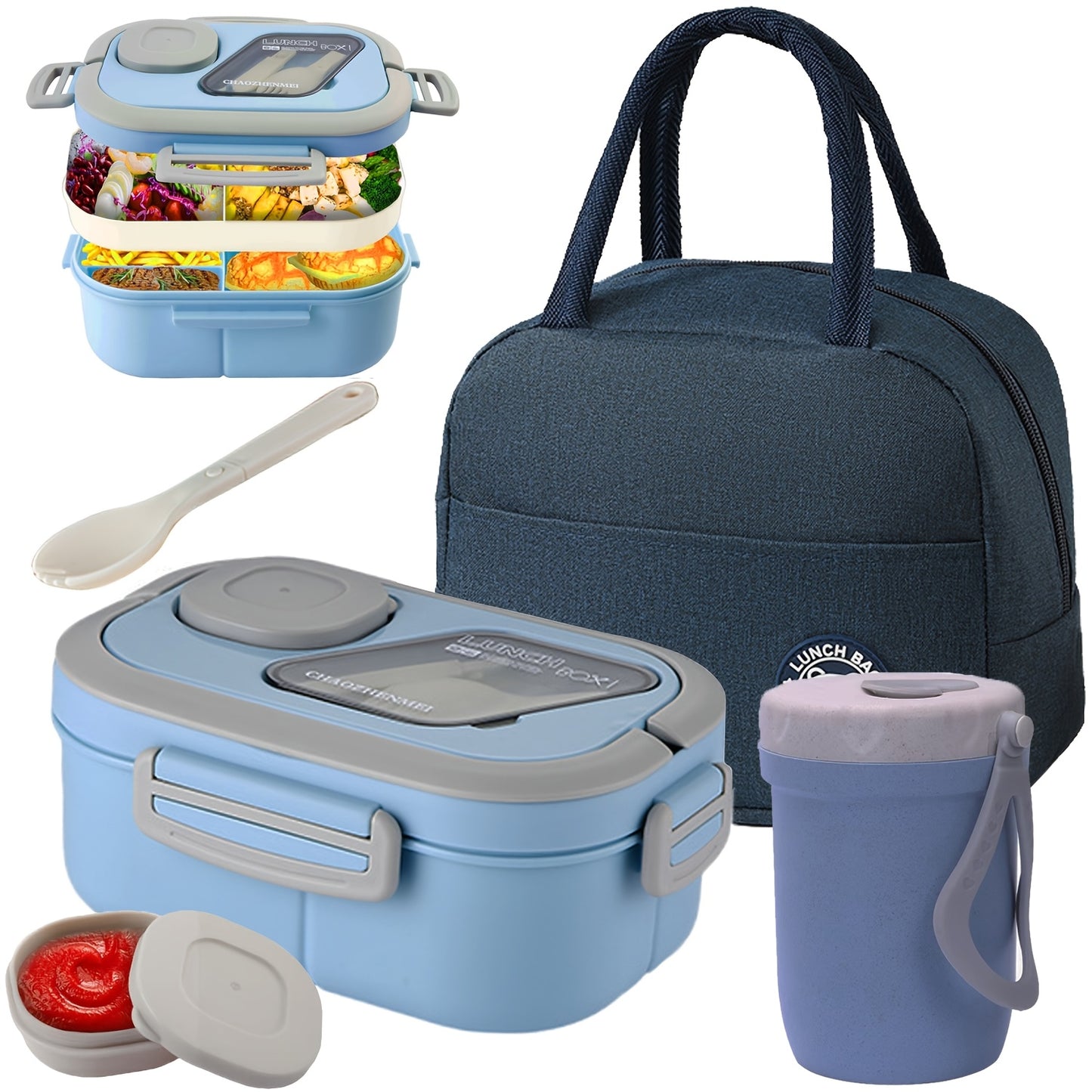 2-Layer Bento Lunch Box Set with Cup & Insulated Lunch Bag – Multi-Grid Leakproof Food Container for School, Office & Picnic, Choose Salad, Coffee, Milk or Soup Cup, Pink Green Blue White