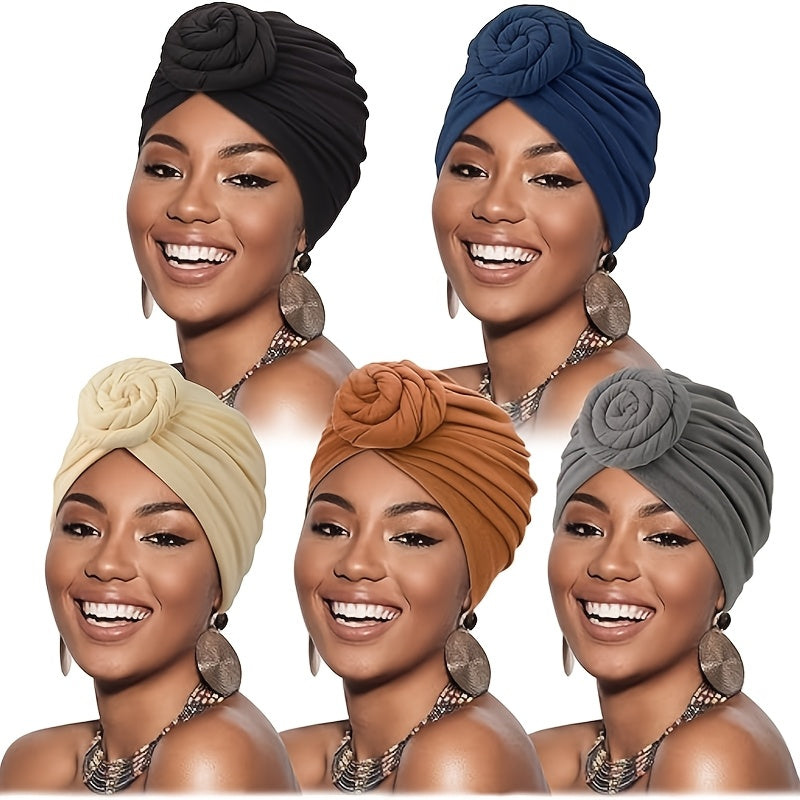 African Turban Headwraps for Women 5 Pack – Pre-Knotted Bohemian Beanie Hair Covers with Multicolor Knots for Daily Wear, Parties, Weddings & Special Occasions
