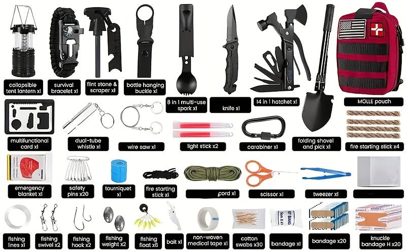 170-Piece Survival Kit & First Aid Emergency Gear Set – Includes Knife, 14-in-1 Axe, Flashlight, Survival Bracelet & Medical Supplies, Canvas Bag, Perfect Camping Hiking Outdoor Gift for Men & Women