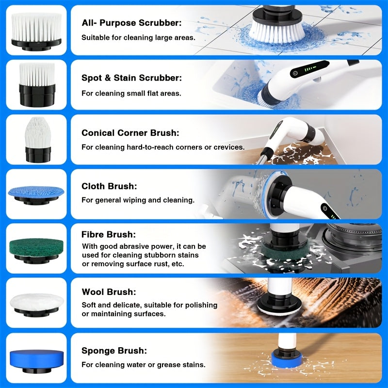 Electric Spin Scrubber Cordless 7-in-1 Cleaning Brush with 7 Replaceable Heads Dual Speed Adjustable Detachable Telescopic Handle for Bathroom Tile Tub Kitchen Car Floor Grout Scrubbing