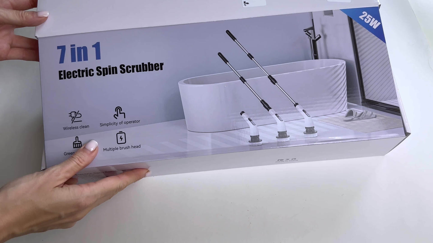 Electric Spin Scrubber with 7 Replaceable Brush Heads – Cordless, Dual Adjustable Speeds, Adjustable Detachable Handle, for Bathroom, Tub, Tile & Floor Cleaning