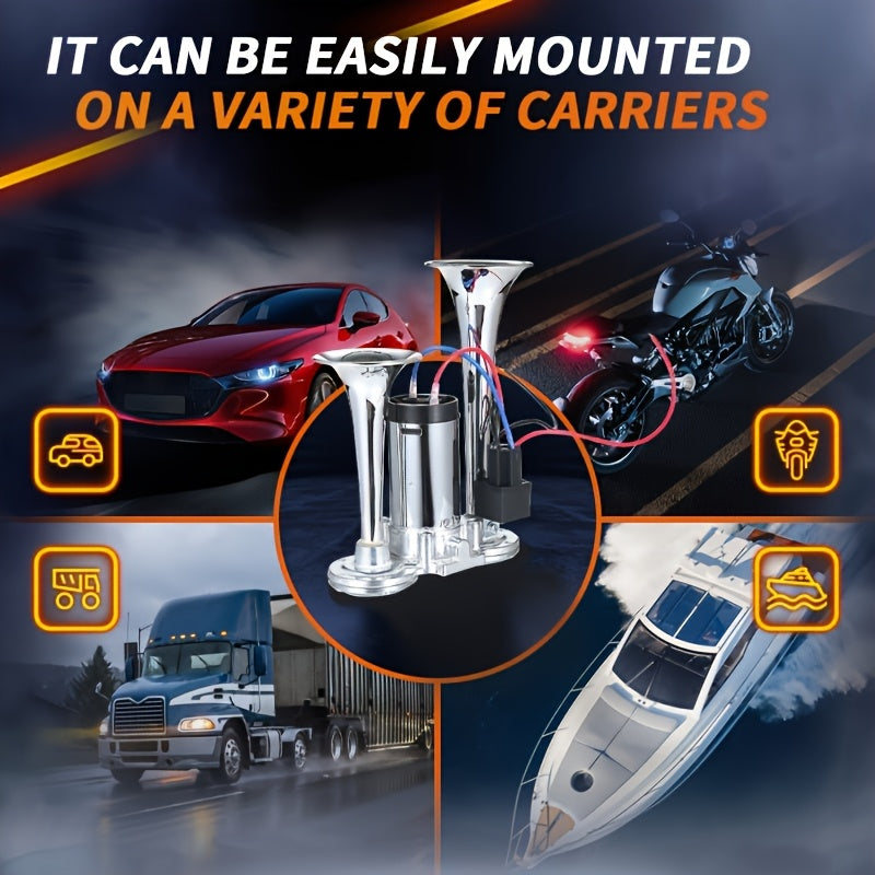 130dB Super Loud Double Tube Air Horn 12V/24V – Aluminum Alloy with Compressor, Quick Install for Trucks, SUVs, Motorcycles, Boats & Off-Road Vehicles