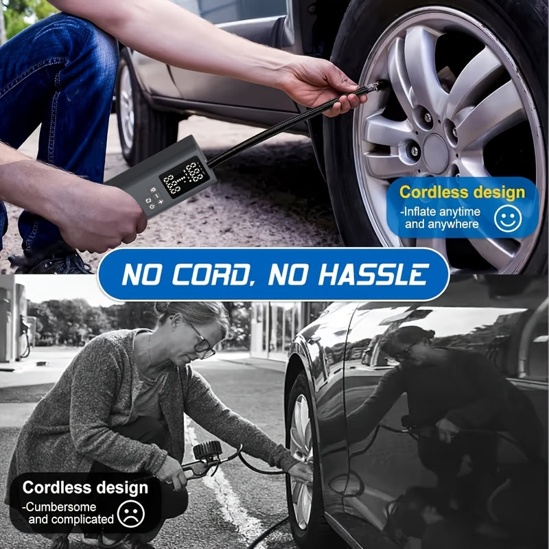 Portable Tire Inflator Air Compressor Wireless – USB Rechargeable, Digital Display, LED Light, Multi-Nozzle Adapter, Lithium Battery, Fits Car, Motorcycle, Bicycle, Sports Balls