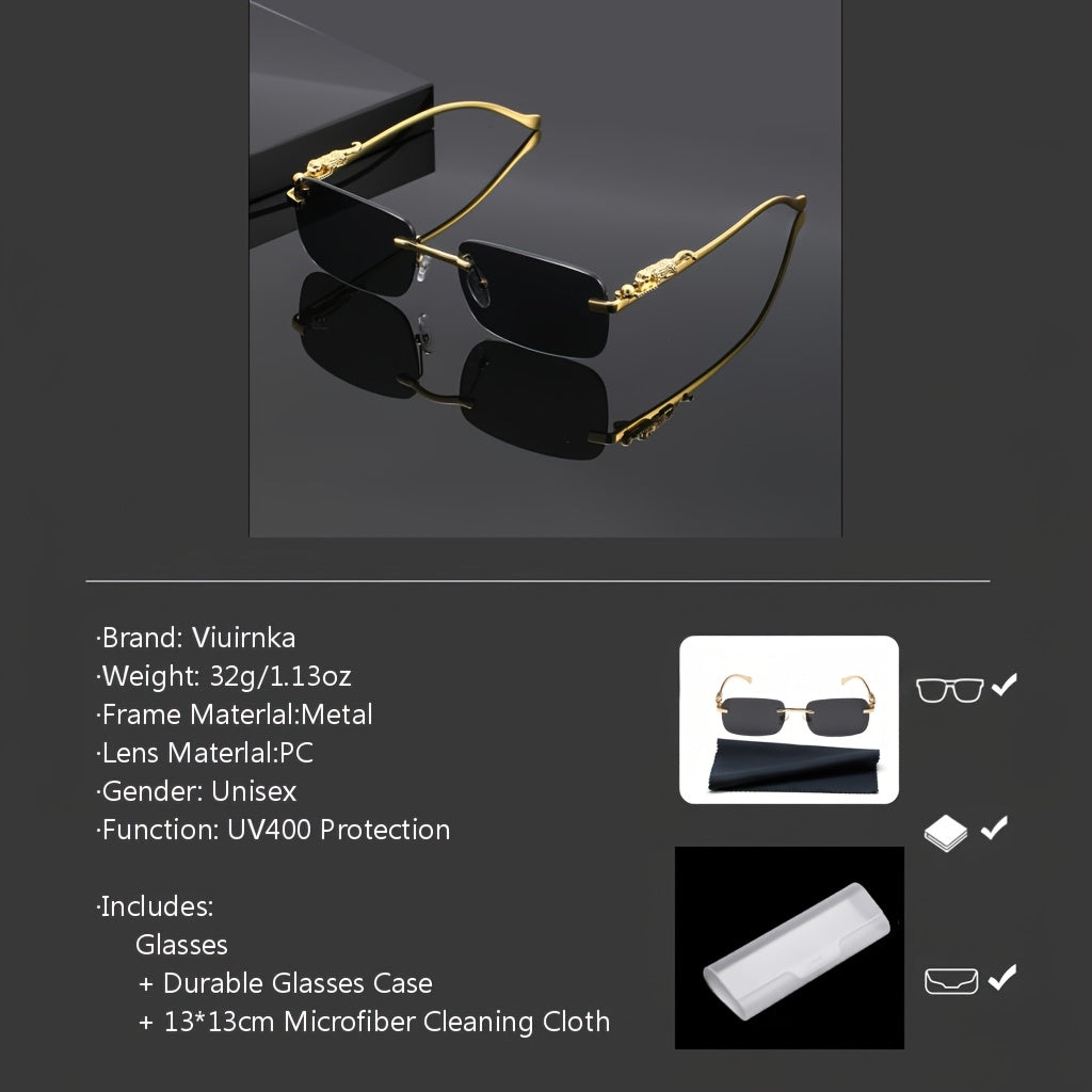 Leopard Print Frameless Square Sunglasses for Men Women – Gold Frame with Case & Cleaning Cloth, Champagne White Gray Lens, Trendy Unisex Eyewear for Casual Outfits, Parties & Photo Props