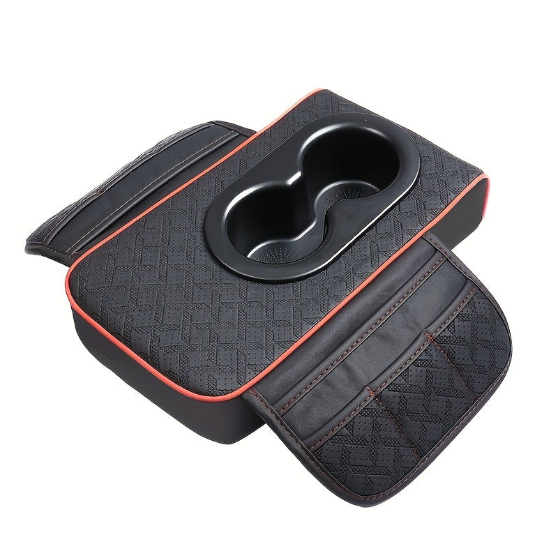 PU Leather Car Center Console Mat & Armrest Box Cover | Universal Fit, 2 Side Pockets, 2 Cup Holders, Phone & Card Storage, Tissue Box Replacement – Black, Grey, Red, Beige, Brown, Cream