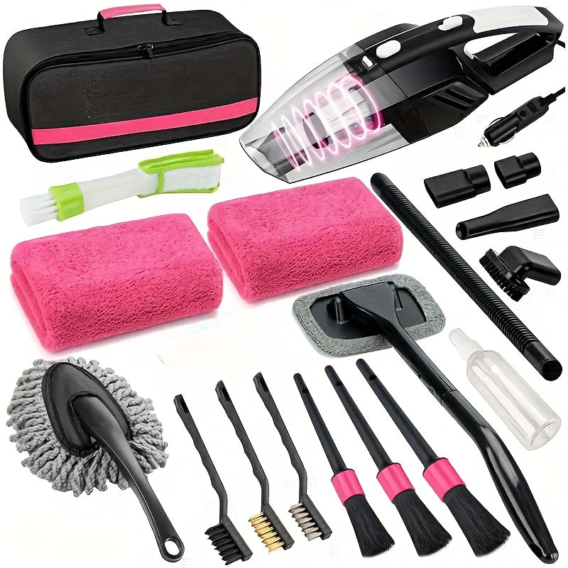 Car Wash Detailing Kit 19 or 41 Piece Handheld Vacuum Collapsible Bucket Tire Brush Windshield Tool Snow Shovel Cleaning Gel Complete Car Care Set Yellow Pink