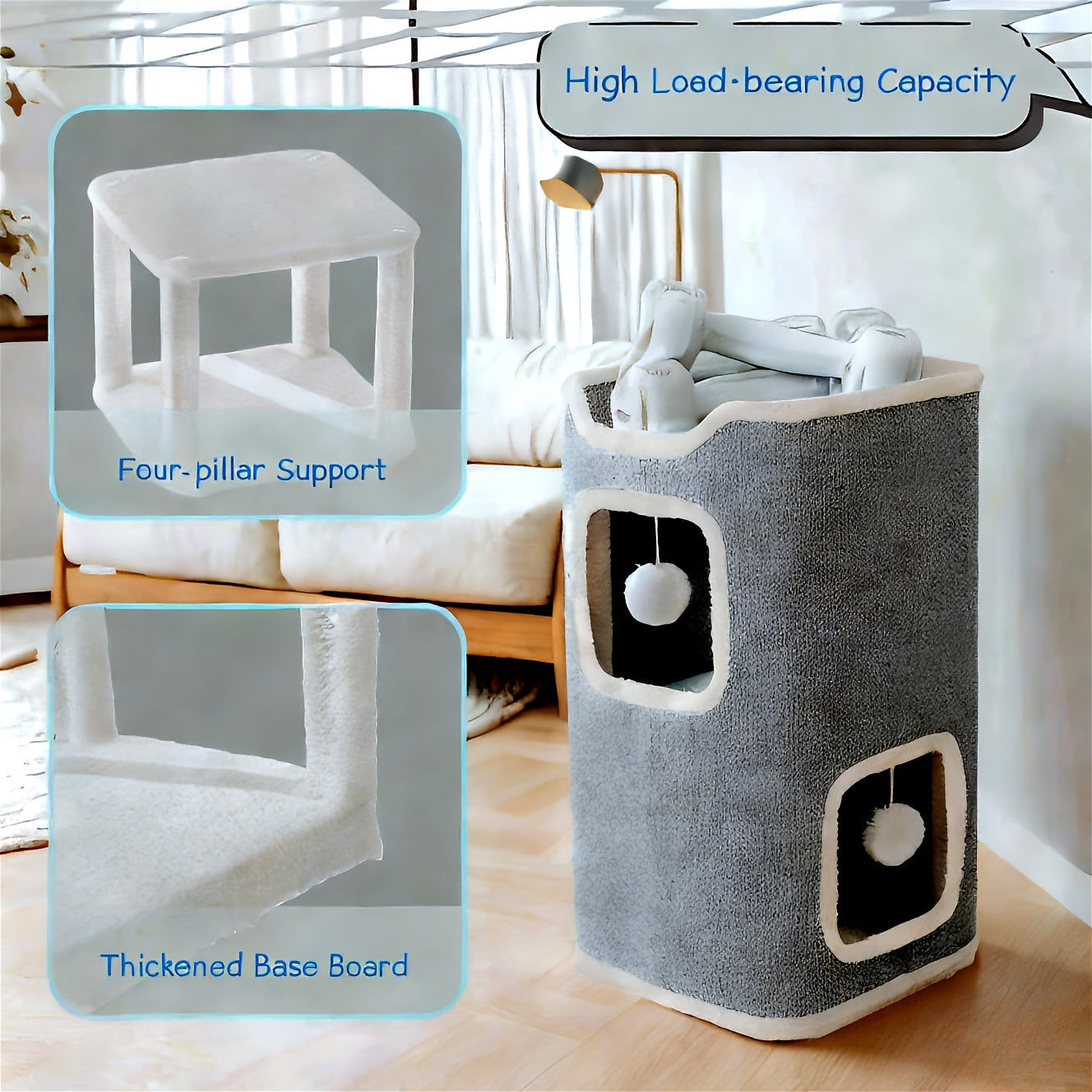 Foldable Multi-Level Cat Tree Tower for Indoor Cats - Scratch-Resistant Cat House with Cozy Top Bed Hideaway and Bell Balls, 1 to 3 Layers Cat Furniture for Climbing Playing and Resting
