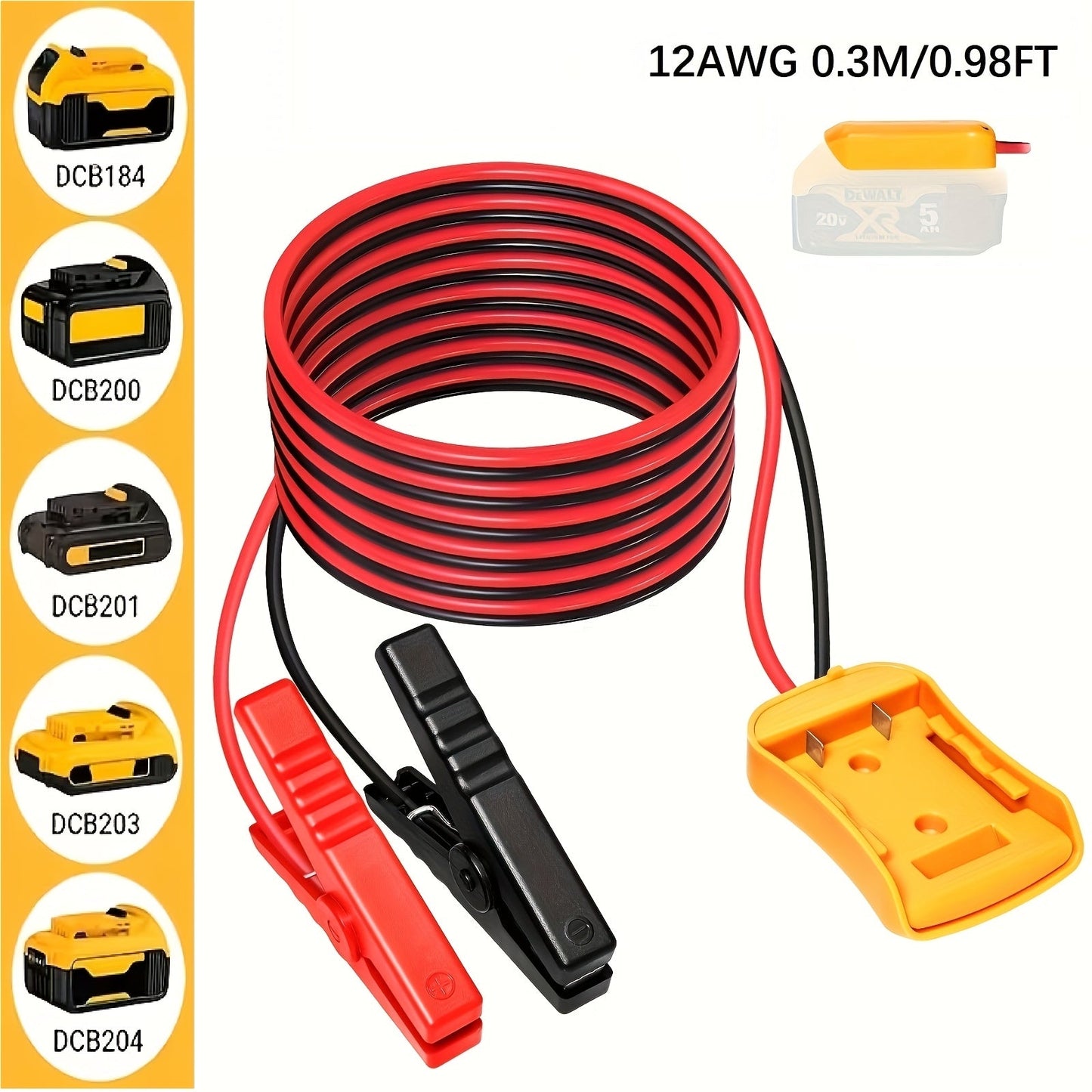Car Jump Starter Cable with Adapter for DeWalt 18V/20V DCB Battery – Portable Car Battery Booster Cables, 0.98ft & 6.56ft, ABS Material, No Battery Required