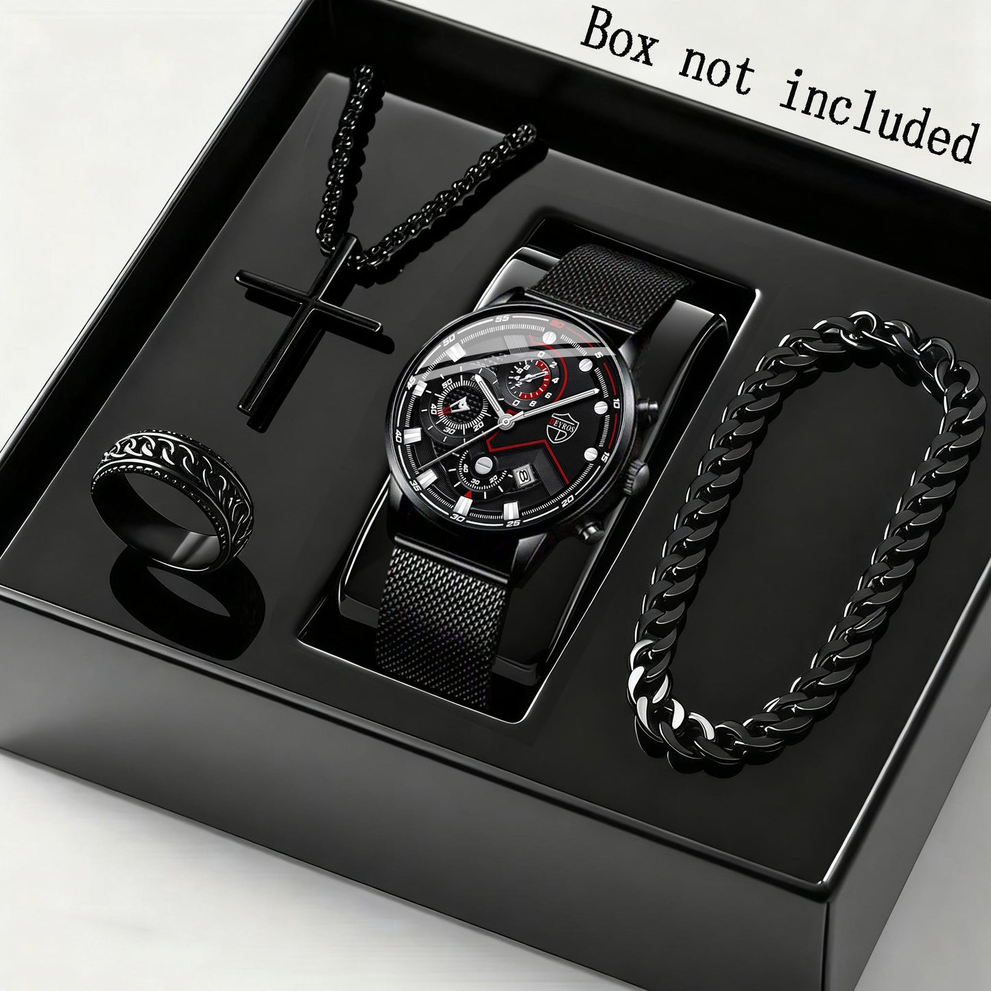 4pcs Men's Stainless Steel Watch & Jewelry Gift Set – Quartz Analog Date Watch with Cross Necklace & Bracelet, Coordinated Metallic Look for Business Casual, Valentine's Day, Mardi Gras & Special Events