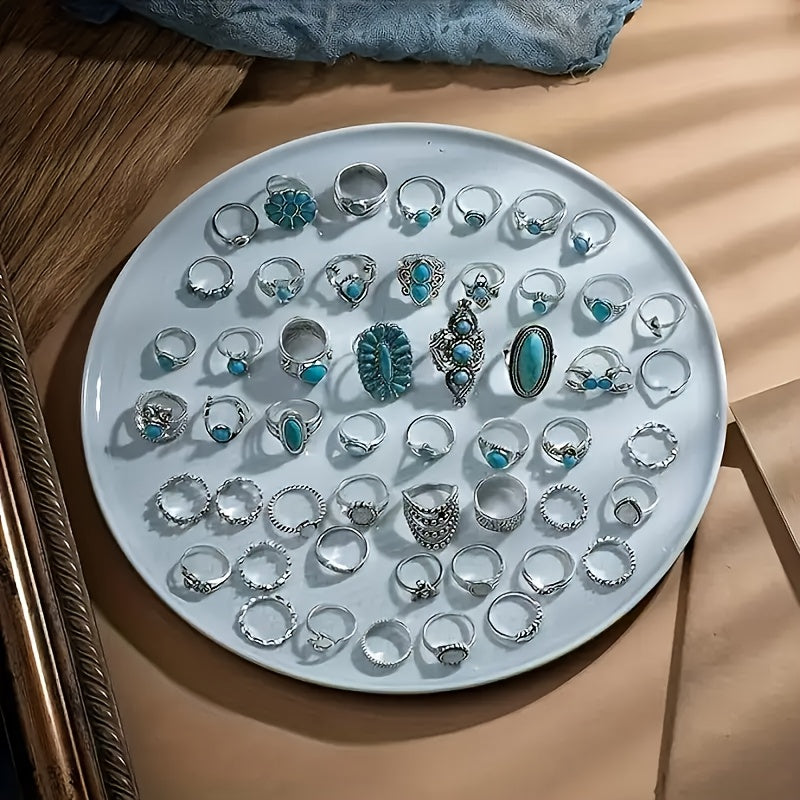 44pcs Vintage Turquoise Boho Stacking Rings Set for Women – Stackable Bohemian Style Rings Bulk Pack for Daily Wear, Vacation, Party & Holiday Gifts