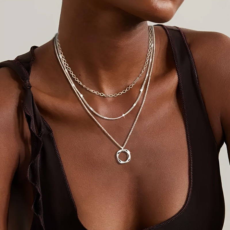 925 Sterling Silver Multi-Layer Necklace with Round Pendant – Trendy Stacking Design for Women & Girls, Elegant Layered Jewelry for Party, Vacation & Gift