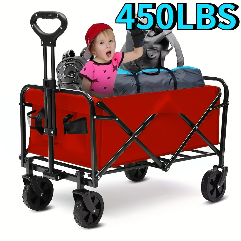 Heavy Duty Folding Wagon Cart 330-450 lbs Capacity, All-Terrain Iron Frame & 800D Oxford Fabric, Foldable Utility Pull Cart No Assembly Required for Camping, Beach, Garden, Sports & Outdoor Use