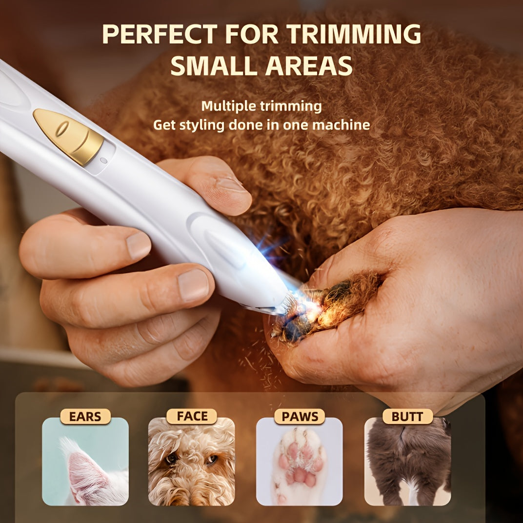 Dog Grooming Clippers Electric Pet Paw Trimmer with LED Light, USB Rechargeable Low Noise Dog & Cat Hair Shaver for Eyes, Face, Ears & Paws – Professional Cordless Pet Grooming Kit