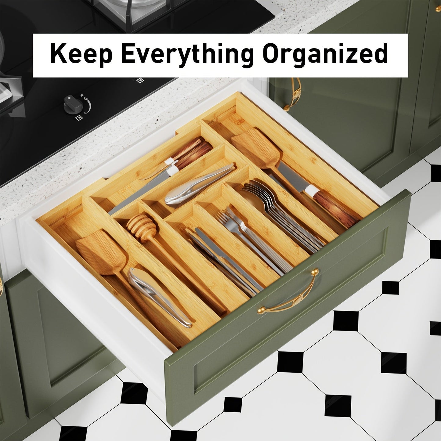 Bamboo Expandable Drawer Organizer Adjustable Cutlery Tray with 6-8 Compartments for Kitchen Silverware Utensils Bedroom Jewelry Office