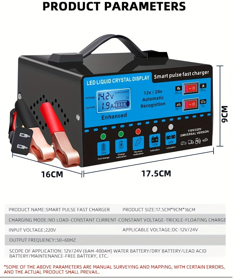 12V 24V Smart Battery Charger with LCD Display – Intelligent Trickle Charging, Overcharge & Short Circuit Protection, Universal Fit for Car, Truck, Motorcycle, Yacht & RV Batteries, Automatic Battery Maintainer & Conditioner