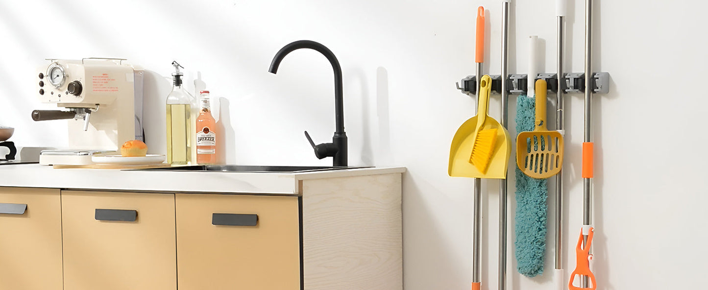 Wall-Mounted Mop and Broom Holder Organizer 5 Slots 6 Hooks Heavy-Duty Non-Slip Cleaning Tool Rack for Home Garage Kitchen Laundry Room Boat – Easy Install on Any Surface