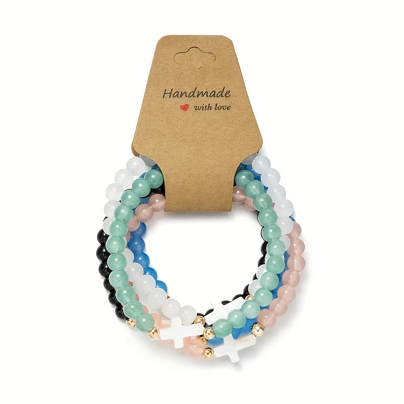 10pcs Boho Cross Glass Bead Bracelet Set – Stackable Multi-Layer Elastic Wristbands with Zircon & Zinc Alloy Accents, Elegant Jewelry for Daily Wear, Parties & Gifting
