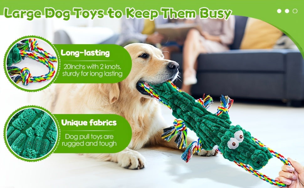 Crocodile Squeaky Dog Chew Toy with Built-In Squeaker – Durable Cotton Rope & Canvas Tug Toy for Small Medium Large Dogs, Teeth Cleaning, Interactive Tug-of-War, Aggressive Chewer Safe