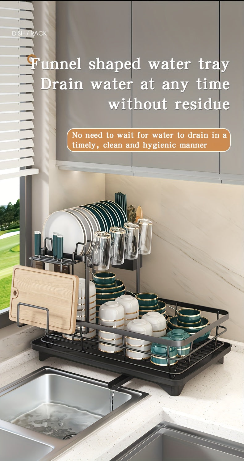 2-Tier Metal Dish Drying Rack with Cutlery Holder, Cup Holder & Rust-Proof Drip Tray – Space-Saving Countertop Dish Drainer for Kitchen Organization, Durable Steel Dish Rack for All Countertop Types