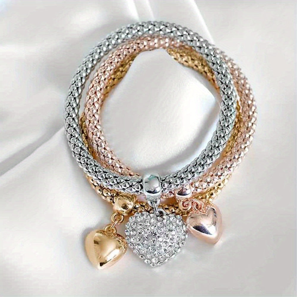3PC Stainless Steel Stackable Bracelet Set for Women – Gold Silver Rose Gold Corn Chain & Heart Tree of Life Elastic Bracelet, Hypoallergenic Daily & Party Wear