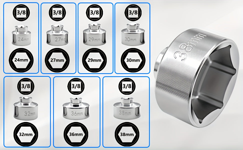 7-Piece Oil Filter Socket Wrench Set 3/8" Drive CR-V Steel 24mm 27mm 29mm 30mm 32mm 36mm 38mm - Universal Oil Filter Removal Tool Kit for Car Oil Changes