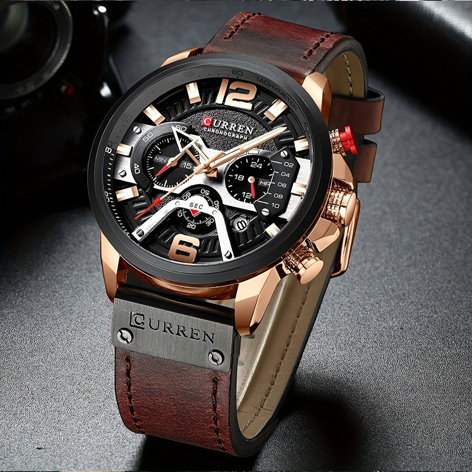 CURREN Men's Chronograph Watch Business Quartz Analog Wrist Watch with Date Display, Tachymeter Bezel & Faux Leather Strap – Stylish Dress Watch for Men in 5 Colors