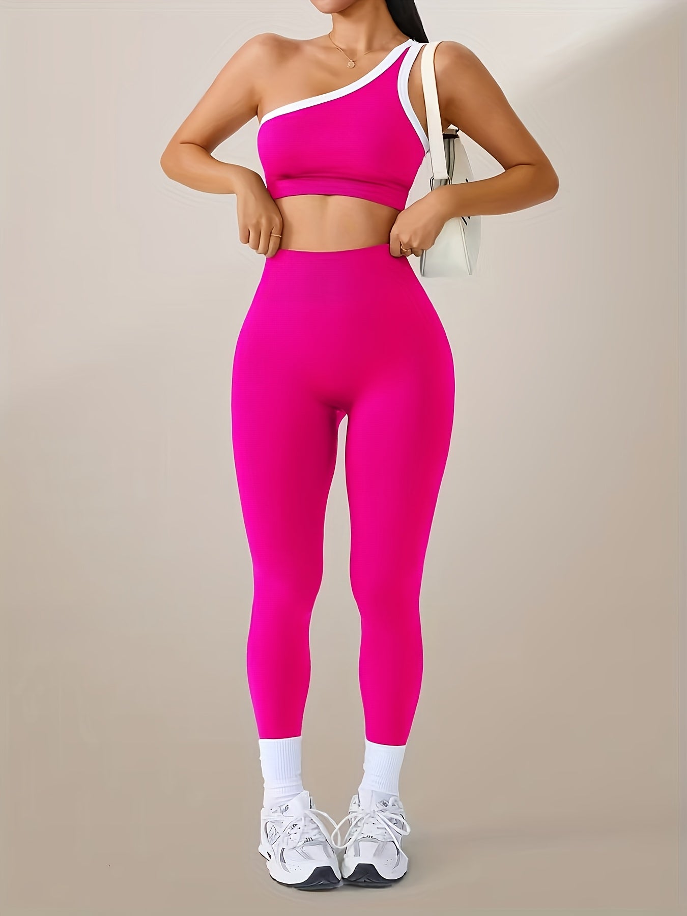 Women's 2-Piece High-Waisted Butt-Lifting Leggings & Sports Bra Set – 90% Polyamide Stretchy Minimalist Yoga Running Workout Outfit with Camisole Top, Solid Color, S-XL