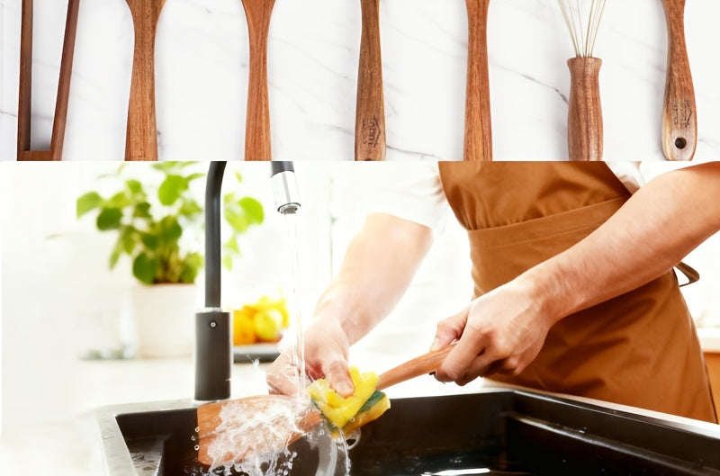 Wooden Kitchen Utensils Set 3/5/7 Piece, Natural Wood Spoons Spatulas Spurtle Ladle & Wok Spatula with Ergonomic Handles, Heat-Resistant Non-Stick Safe Heavy-Duty Cooking Tools for Home Kitchen