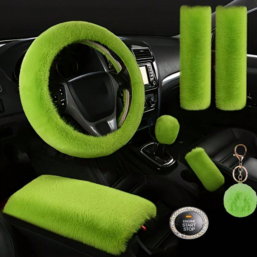 Fluffy Plush Car Steering Wheel Cover 8-Piece Interior Set - Rex Rabbit Fur Universal Fit 14.5-15 Inch, Cute Women's Car Accessories in 12 Colors for SUV Sedan Truck, Pink Purple Black & More