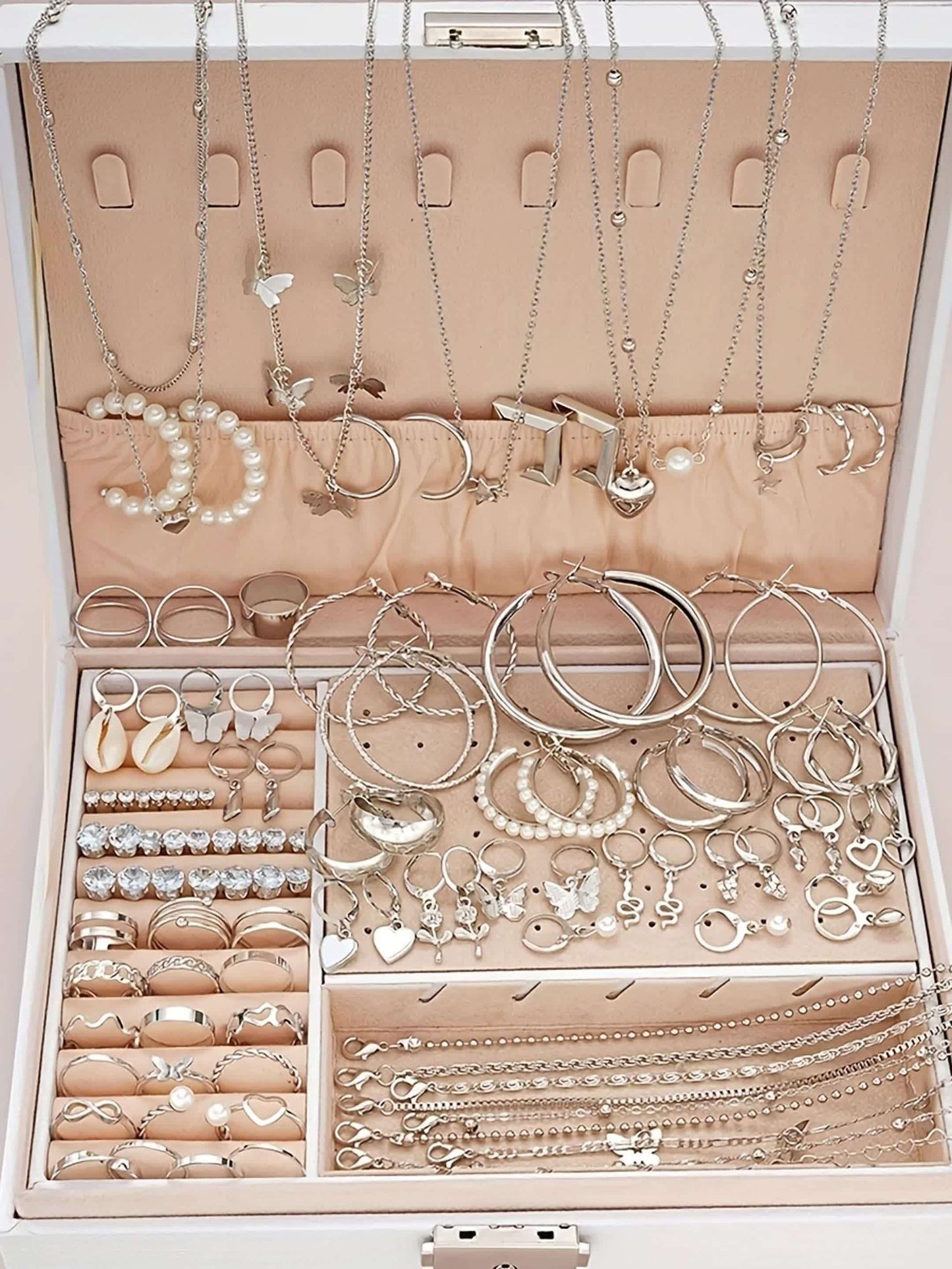 108pcs Women Jewelry Set Vintage Butterfly Heart Rhinestone Necklace Bracelet Anklet Ring Earrings Bundle Multi-Layer Chains Silver Fashion Jewelry Gift for Her