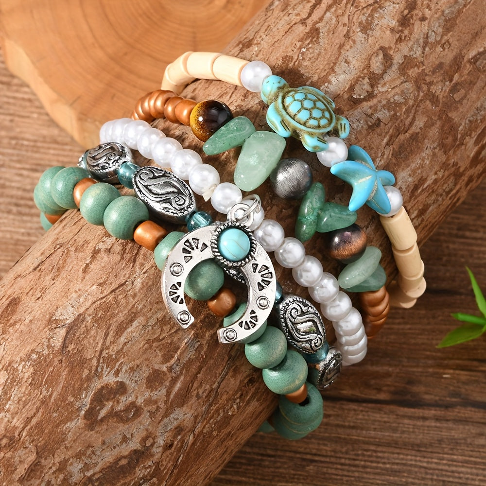 40pcs Boho Handmade Wooden & Turquoise Stone Bead Bracelet Set – Mixed Colors, Zinc Alloy Pendant, Vintage Style Stackable Bracelets for Women Men, Couple & Party Gift
