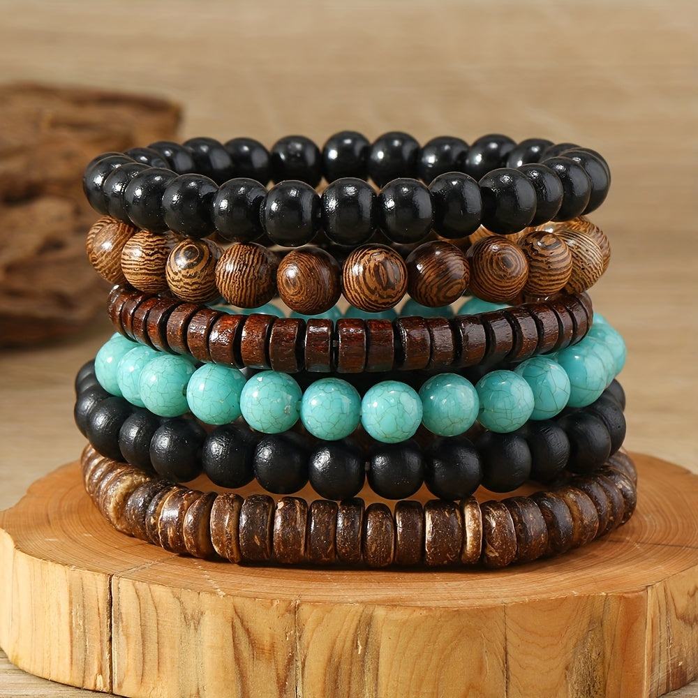 42pcs Vintage Bohemian Wooden Beaded Bracelet Set for Women & Men – Ethnic Stackable Boho Hand String Bracelets Random Mix, Outdoor Festival Holiday Jewelry Accessory Collection