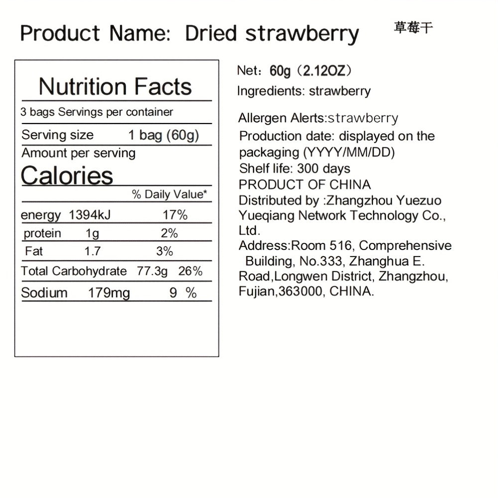 Dried Strawberries Snack 3 Bags Pack Low Sugar Natural Gluten-Free Vegan Fruit Snack Office Parties Holidays Gift