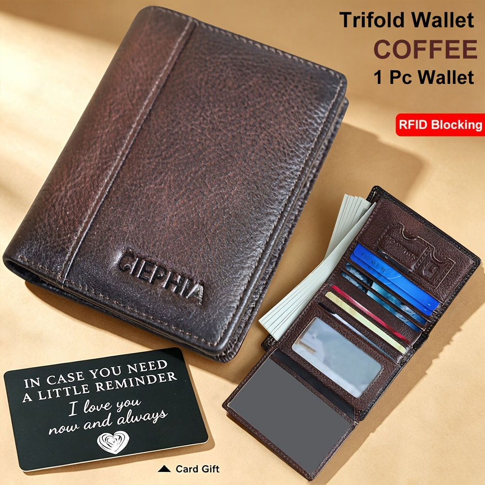 RFID Blocking Genuine Leather Wallet for Men Trifold Cowhide Vintage Credit Card Holder 2 ID Windows Money Clip Cash Slots Father's Day Gift for Dad Husband
