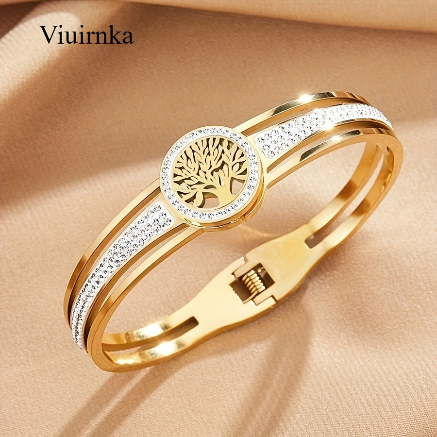 Tree of Life Charm Bangle Bracelet for Women – Stainless Steel Hypoallergenic Cuff, Symbolic Gift for Her, Comes with Gift Box, Steel & Gold Tone