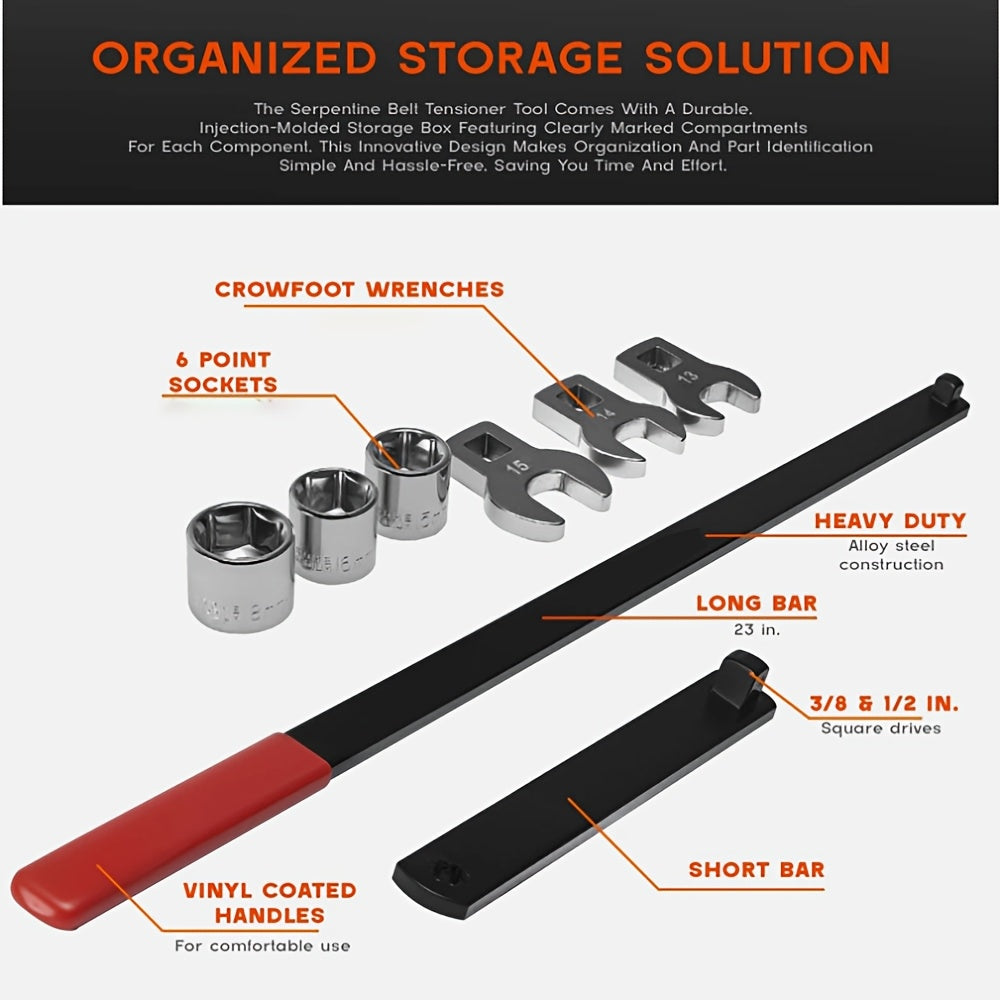 Serpentine Belt Tool Set 8/16 Piece - Universal 3/8 and 1/2 Drive Belt Tensioner Wrench, Idler Pulley Adjuster, Chrome Vanadium Steel, Professional Automotive Belt Removal and Installation Kit for Car Engine Repair