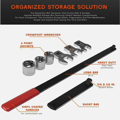 Serpentine Belt Tool Set 8/16 Piece - Universal 3/8 and 1/2 Drive Belt Tensioner Wrench, Idler Pulley Adjuster, Chrome Vanadium Steel, Professional Automotive Belt Removal and Installation Kit for Car Engine Repair
