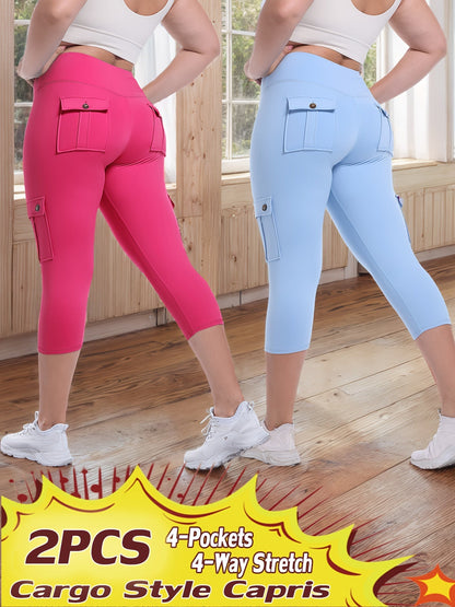 High Waist Yoga Capri Pants 2-Pack – Butt Lifting Tummy Control 4-Way Stretch Spandex Leggings with 4 Pockets, Three-Quarter Athletic Activewear for Women, 9 Color Sets, Sizes S-XXL