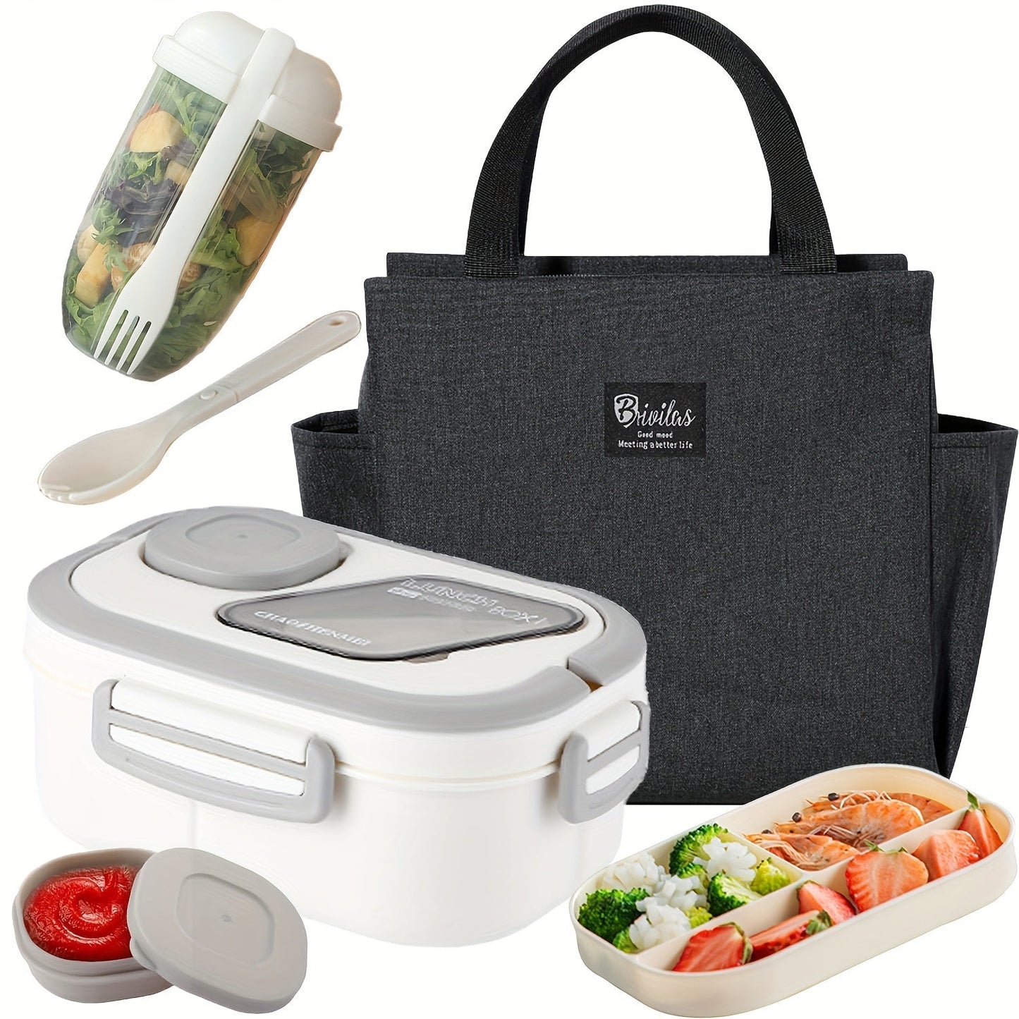 2-Layer Bento Lunch Box Set with Cup & Insulated Lunch Bag – Multi-Grid Leakproof Food Container for School, Office & Picnic, Choose Salad, Coffee, Milk or Soup Cup, Pink Green Blue White