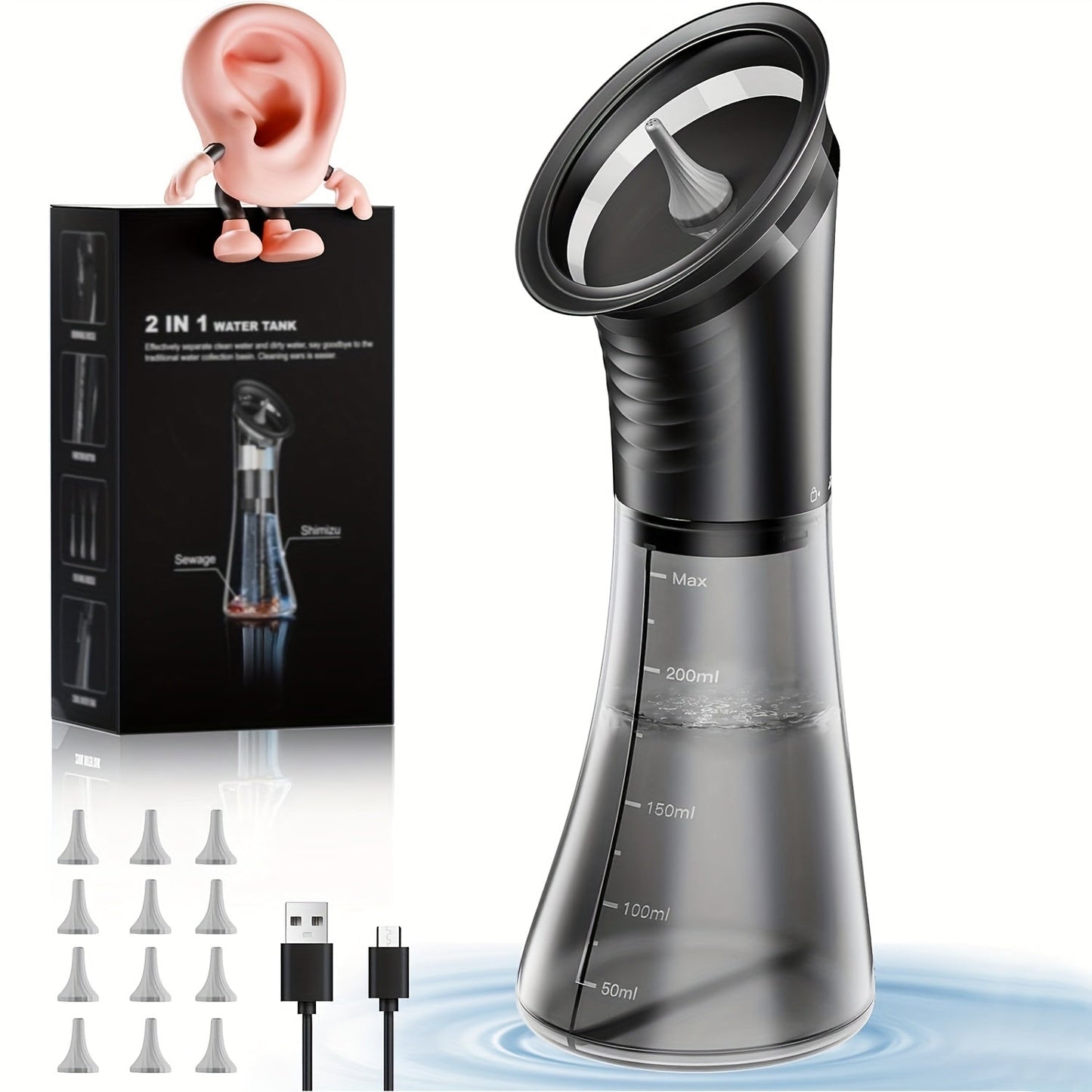 Electric Ear Wax Removal Kit 3-Speed Hydraulic Ear Cleaner with Wastewater Recovery System Safe Gentle Ear Irrigation Flushing for Adults Home Use E80 Black