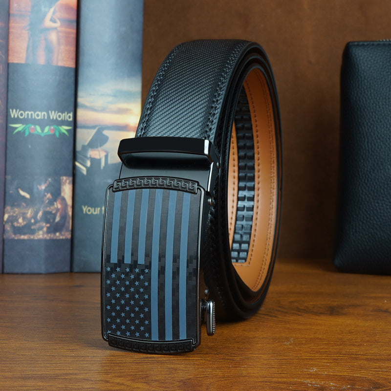 Men's Genuine Leather Belt Automatic Buckle Ratchet Dress Belt for Men – No Hole Slide Buckle, Black Brown, Fits Waist 30" to 44", Formal & Casual Wear