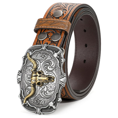 Vintage Engraved Western Belt with Bullhead Buckle - Adjustable Distressed Leather Cowboy Waistband for Men and Women, Country Music Festival Rodeo Accessories, Black Brown Coffee