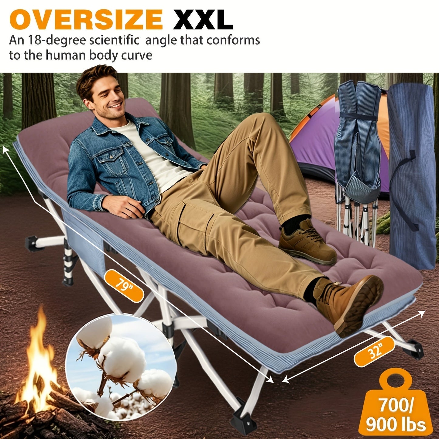 XXL 32-Inch Wide Camping Cot with Mattress – 1200D Oxford Heavy-Duty Folding Sleeping Cot with Carry Bag for Adults, Extra Wide Portable Outdoor Bed for Camping Hiking Travel & Guest Use