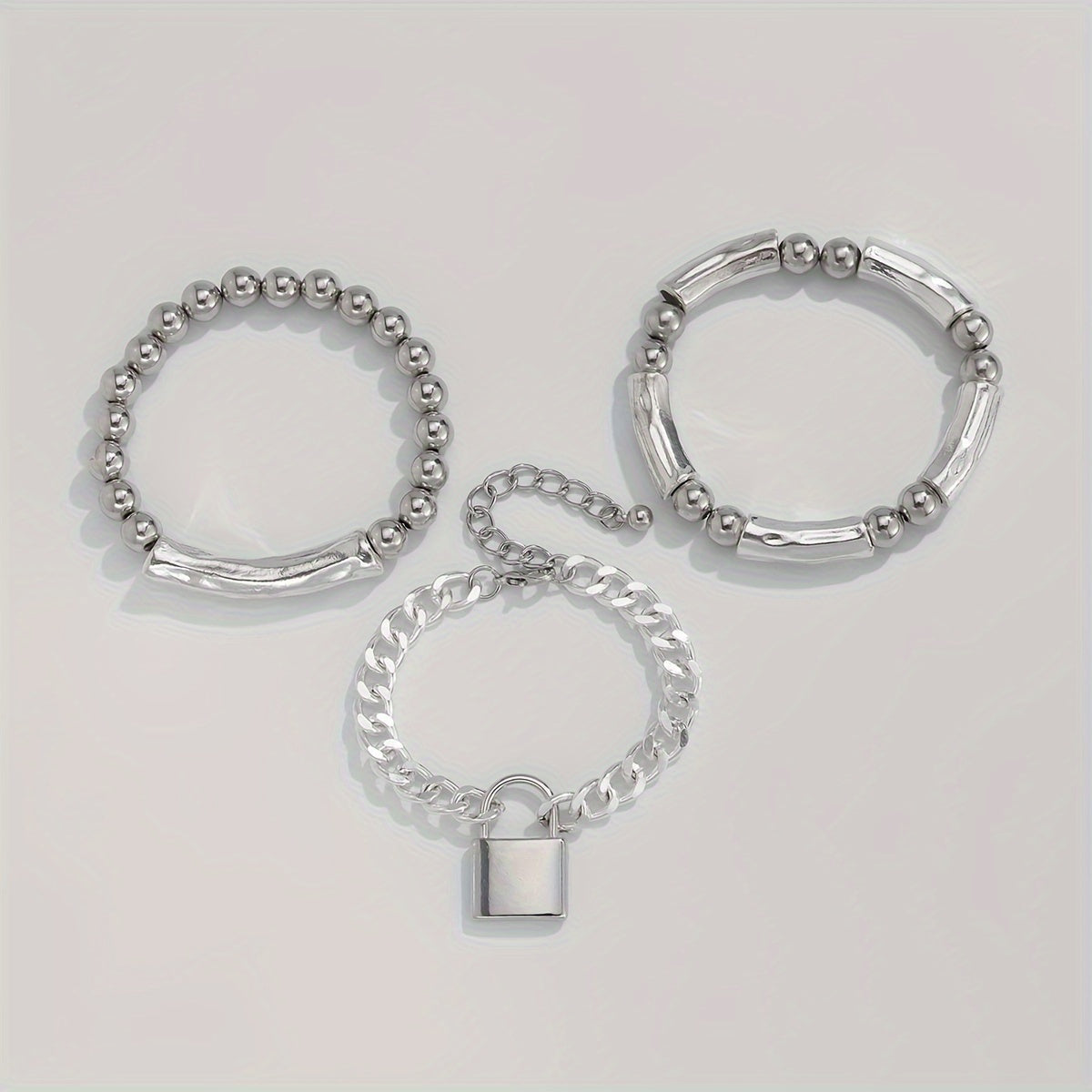 3pcs 925 Sterling Silver Beaded Punk Bracelet Set with Lock Pendant – Exquisite Stackable Edgy Silver Wrist Jewelry for Women Men Teens, Party Festival Daily Wear Gift