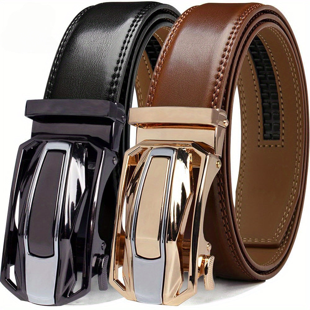 2-Pack Men's Ratchet Leather Belt Set – Sliding Adjustable Buckle, 1-3/8" Width, Sizes 26"-54", 3 Color Combos, Dress & Fashion Belt, Perfect Christmas & Father's Day Gift