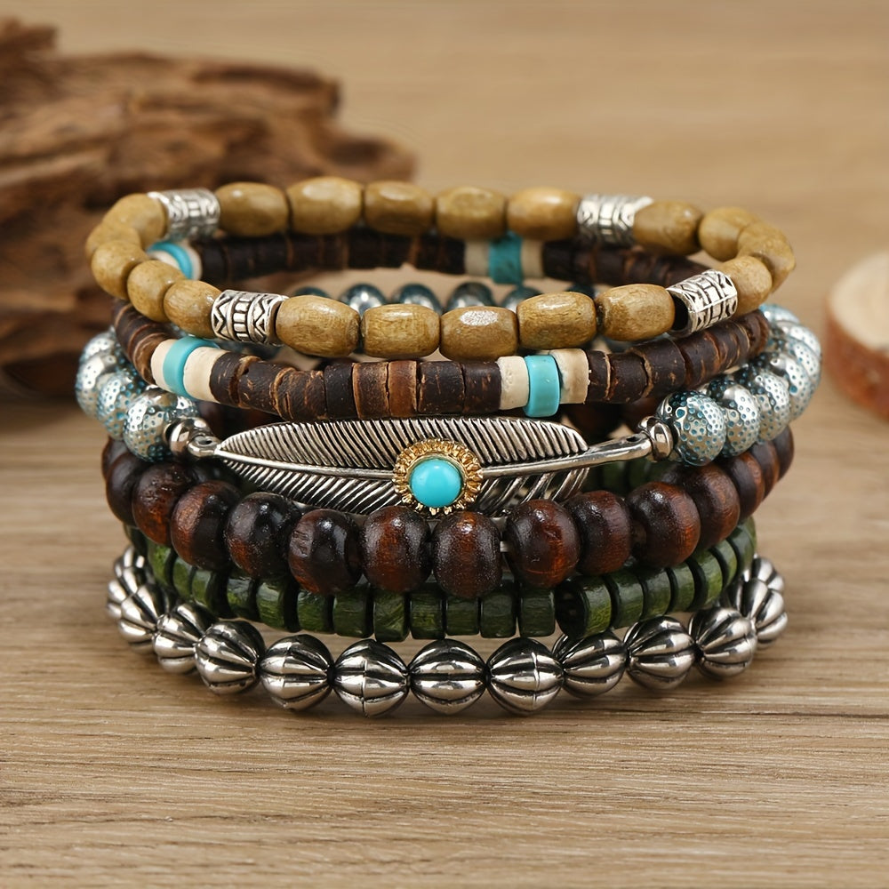 42pcs Vintage Bohemian Wooden Beaded Bracelet Set for Women & Men – Ethnic Stackable Boho Hand String Bracelets Random Mix, Outdoor Festival Holiday Jewelry Accessory Collection