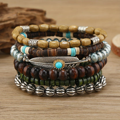 42pcs Vintage Bohemian Wooden Beaded Bracelet Set for Women & Men – Ethnic Stackable Boho Hand String Bracelets Random Mix, Outdoor Festival Holiday Jewelry Accessory Collection
