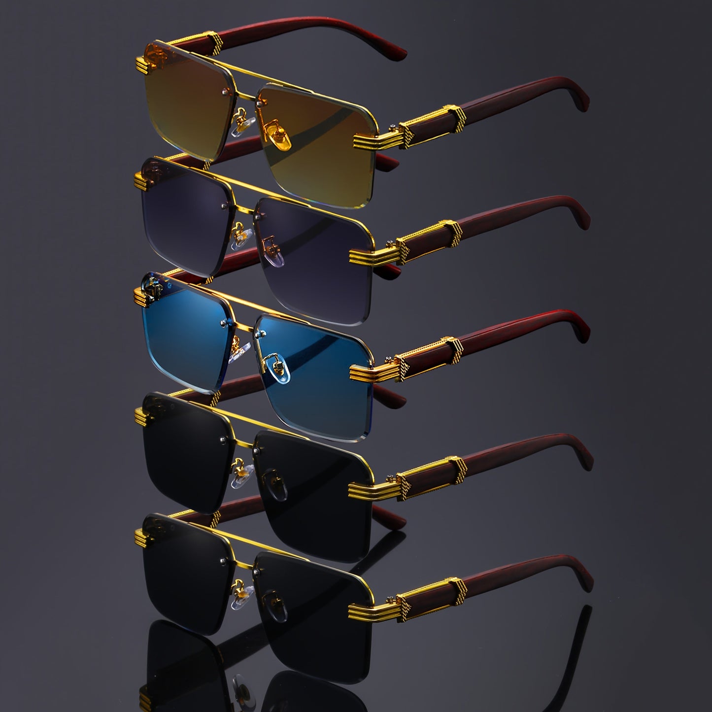 5-Pack Double Bridge Rimless Fashion Glasses – Unisex Wooden Temple Lightweight Polycarbonate Lens, Trendy Statement Eyewear in Gray, Blue & Brown for Parties, Festivals & Everyday Style